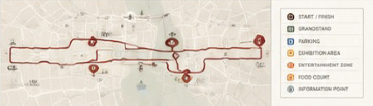Stylised map of the Tirana city circuit around Nënë Tereza Square